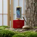 BETWEEN TWO TREES FLORAÏKU fragrance bottle with intricate embroidered cap, set outdoors on a mossy.