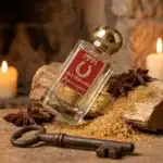 Nebula Anti Malocchio perfume bottle with a gold cap, displayed on a rustic wooden surface with star.