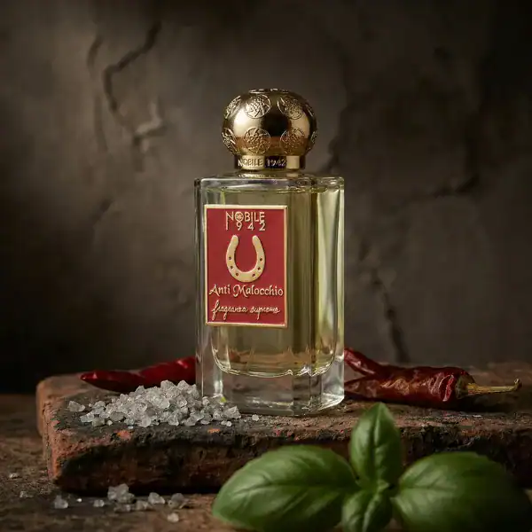 Noble 942 Anti Malocchio perfume bottle with gold cap, placed on a rustic surface with salt and chil.