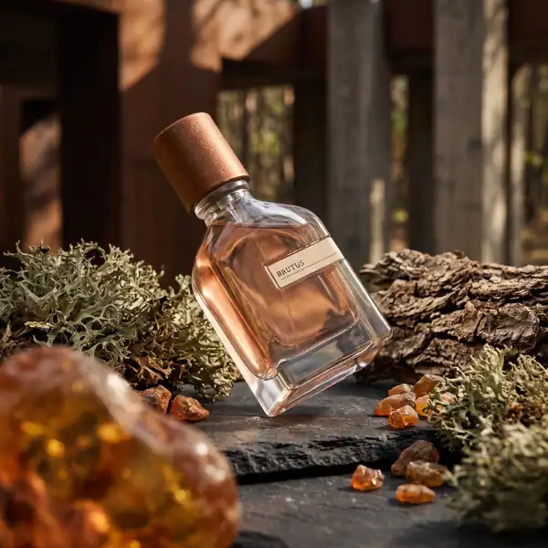Luxurious niche perfume in a glass bottle with a wooden cap, set in a natural outdoor environment.