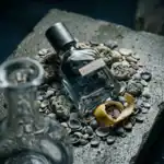 Megmare perfume bottle on pebbles with lemon peel, luxury niche fragrance.