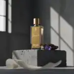 Goyardine perfume bottle with gold cap and label.