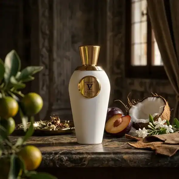 V Canto Misiarte Extrait de Parfum bottle with gold cap and white ceramic finish.