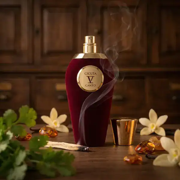 Cicuta V Canto fragrance bottle with gold accents and steam, surrounded by flowers and amber stones.