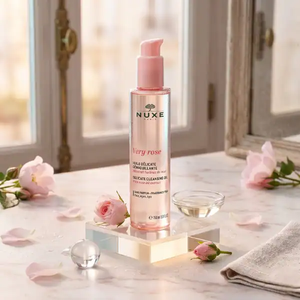 Nuxe skincare product for radiant skin, displayed on a marble surface with pink roses.