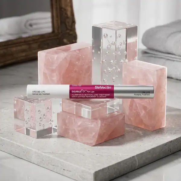 Luxurious skincare and beauty products arranged on a marble surface with pink and clear crystal-like.