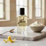 Akro Bake fragrance bottle with a bowl of whipped cream on a marble surface.