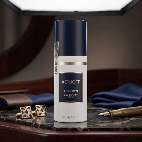 Luxurious XERJOFF Torino 21 deodorant spray with elegant packaging on a marble surface.