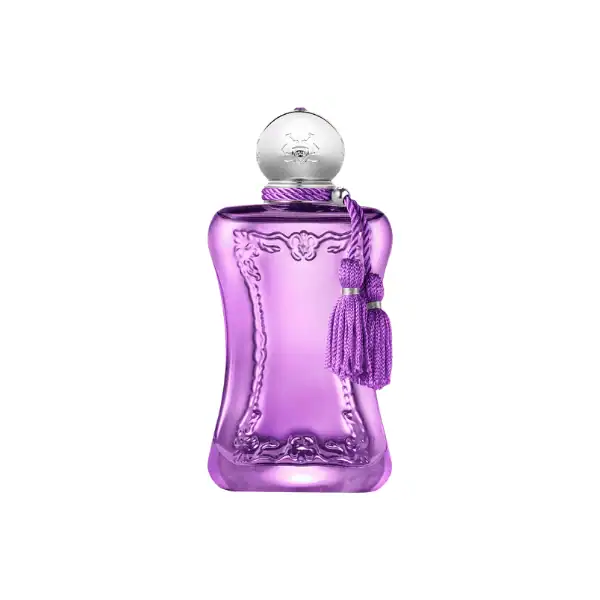 Alwa perfume bottle with purple glass and silver cap, adorned with a purple tassel.