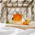 Ormonde Jayne Levant fragrance bottle with orange peel and jasmine flowers.