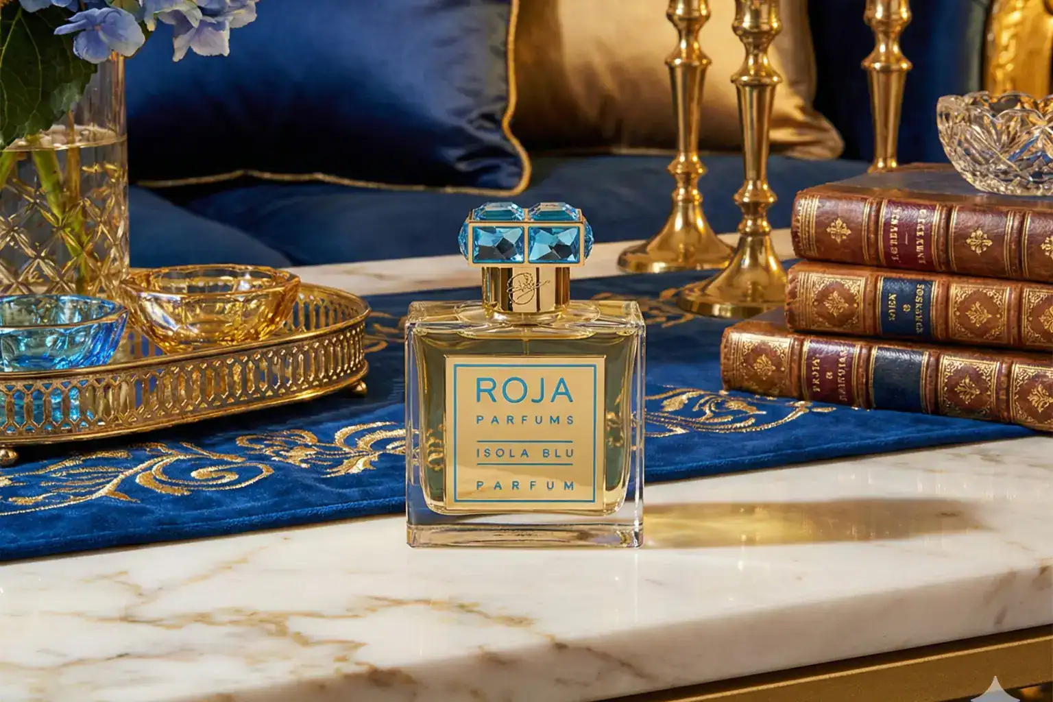 Exquisite rare fragrance with elegant blue accents on vintage-inspired decor.