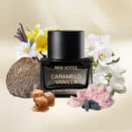 Creamy vanilla perfume bottle with floral and gourmand accents, luxurious and sophisticated.