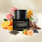 Vivid floral and citrus elements surrounding a luxury Osmanto Shock perfume bottle for elegant fragrance.