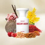 Fresh cherry and yellow mimosa flowers with woody and spicy notes for luxurious niche perfume.