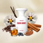 Rich vanilla and cinnamon aroma perfume with coffee beans and decorative flowers for luxury skincare.