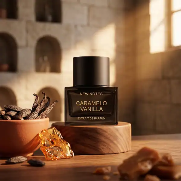 Elegant Caramelo Vanilla perfume bottle with black cap, displayed on a wooden stand in warm lighting.