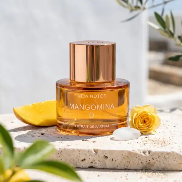 Elegant Mango D perfume bottle with citrus slice, yellow rose, and white cream on a textured surface.