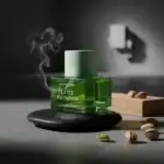 Alwa Latte Pistachio fragrance bottle with green liquid and white cap, on a black stone with pistach.