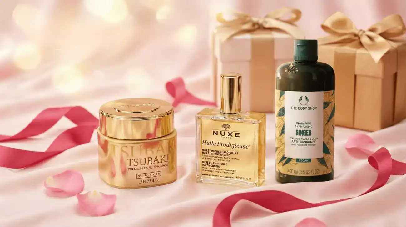 Elegant luxury fragrances showcased with gift boxes and floral accents for high-end beauty lovers.