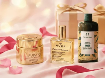 Elegant luxury fragrances showcased with gift boxes and floral accents for high-end beauty lovers.