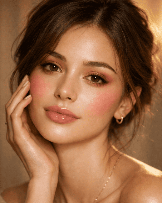 Soft romantic Valentine’s Day makeup look with glowing skin