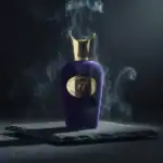 Sospiro Amore Mio fragrance bottle with luxurious purple velvet and gold accents.