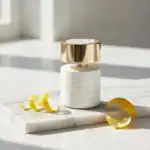 Luxurious perfume bottle with gold cap and white base, surrounded by lemon peels.