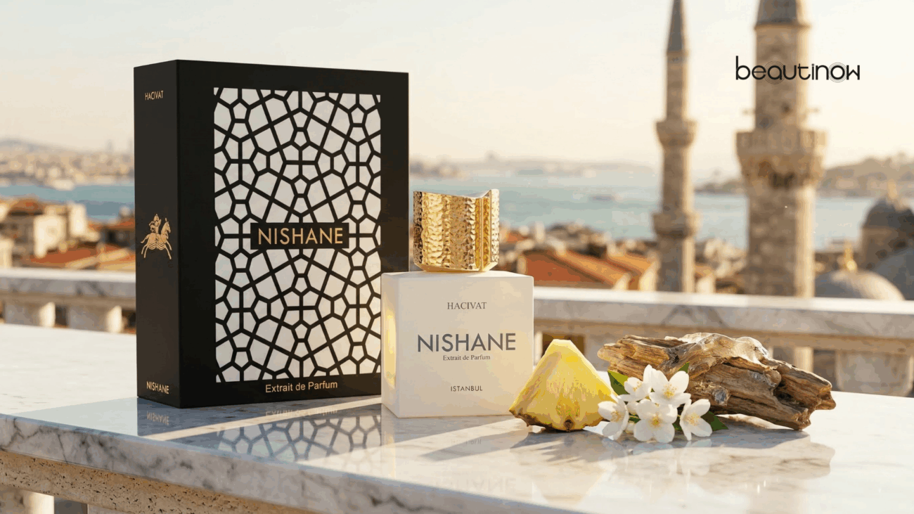Nishane perfume bottle with decorative box, pineapple, driftwood, and flowers on a balcony.