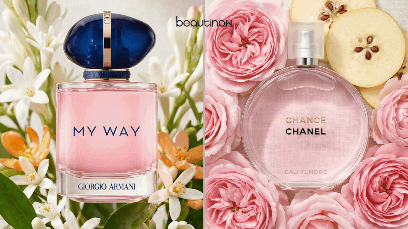 Giorgio Armani My Way fragrance bottle with floral background.