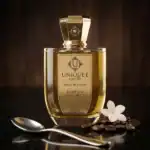 Unique'e Hidden Accords perfume bottle with coffee beans and a silver spoon, elegant and luxurious p.