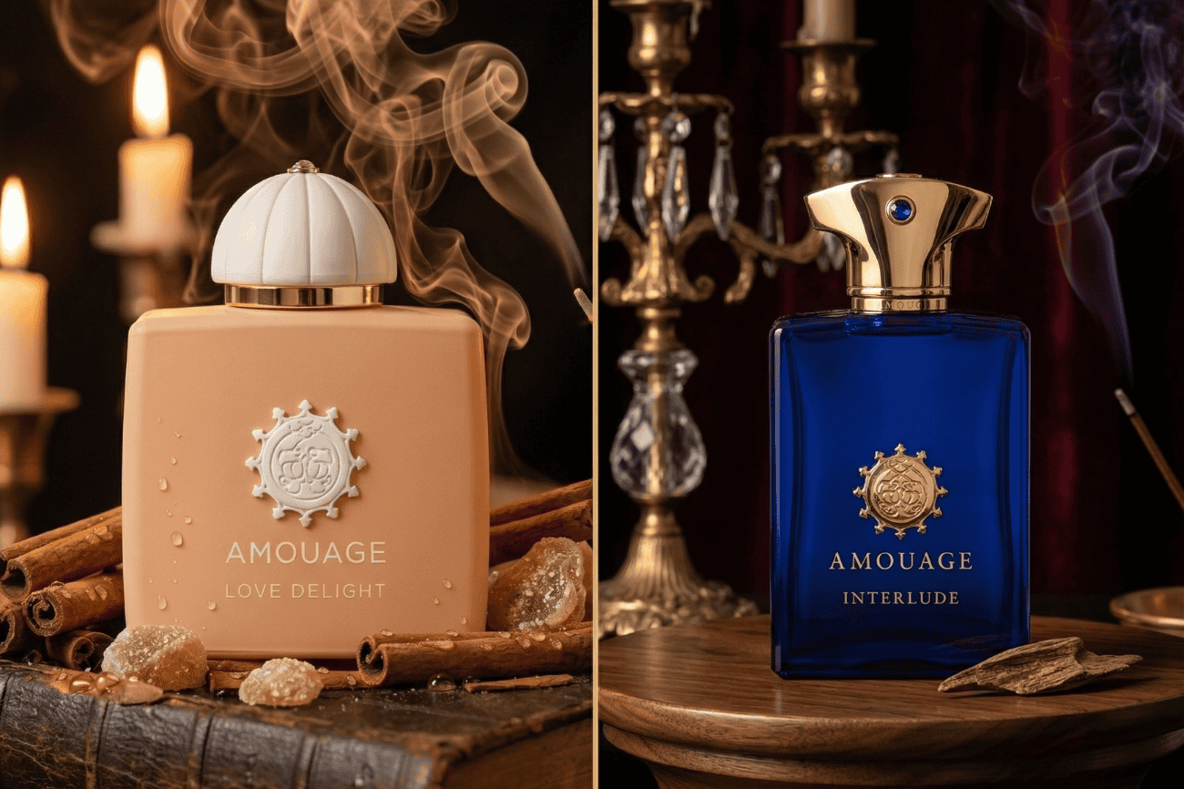 Amouage Love Delight fragrance bottle with aromatic steam and warm candlelight ambiance.