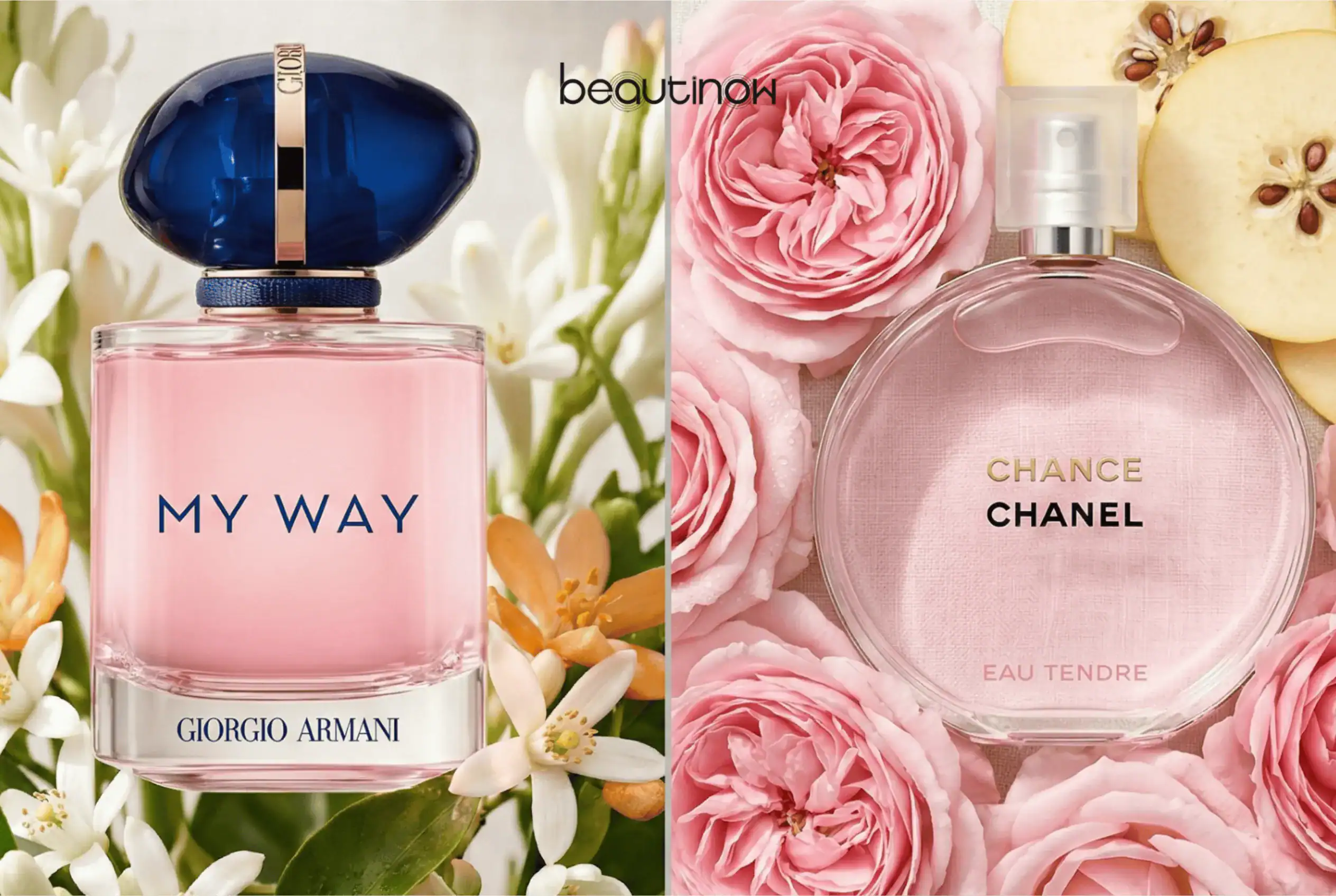 Giorgio Armani My Way perfume bottle with floral background.