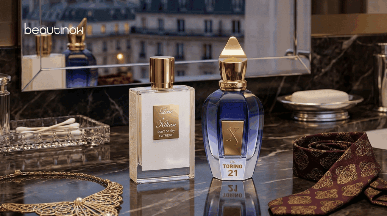 Loewe Mille Sensations perfume bottle on a luxurious marble surface with elegant accessories.