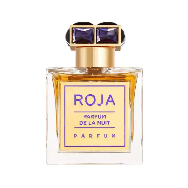 Roja Parfums De La Nuit 2025 fragrance bottle with purple gemstone accents on the cap.