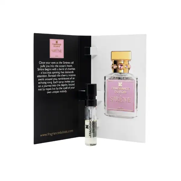Fragrance Du Bois Sirène perfume with a pink label and gold cap, accompanied by a sample vial.