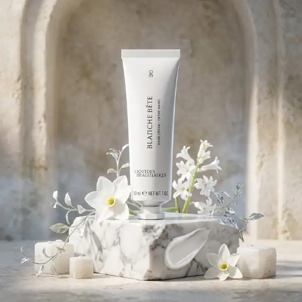 Elegant white skincare tube surrounded by delicate white flowers and marble accents.