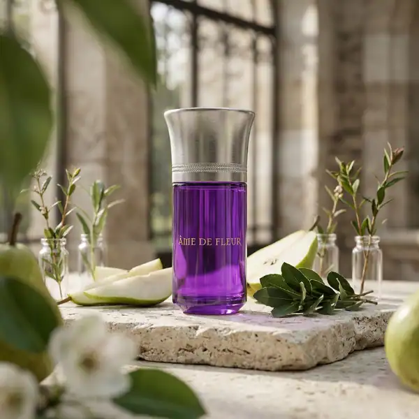 Aime de Fleur fragrance bottle with silver cap, set on a stone surface with green leaves and sliced.