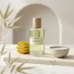 Buddha Blend Citrus & Tea perfume bottle with a minimalist design, complemented by a small bowl and.