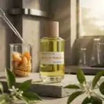 Upcycled Mandarin fragrance by Unstoppable Laboratory in a sleek glass bottle with a wooden cap, dis.