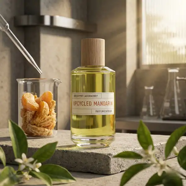 Upcycled Mandarin fragrance by Unstoppable Laboratory in a sleek glass bottle with a wooden cap, dis.