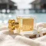 Roja Parfums Isola Sol fragrance bottle with gold accents and a white flower, perfect for luxury per.