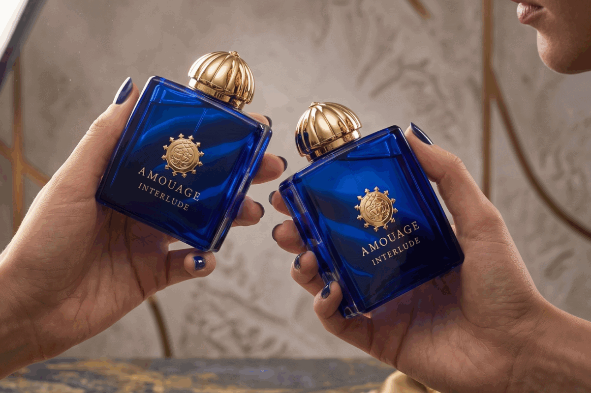 Amouage Interlude Blue perfume bottles, luxury fragrance for women and men.