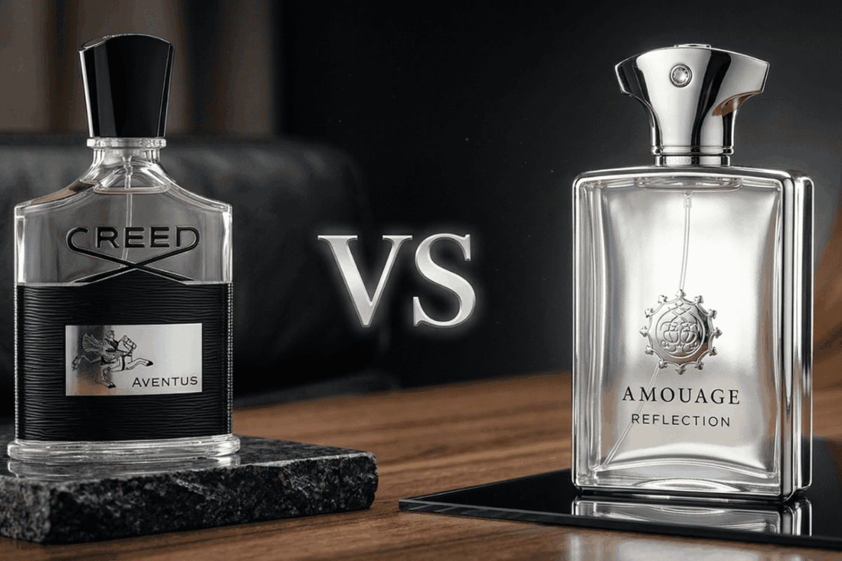 Creed Aventus fragrance bottle with black cap and label, showcasing a luxurious scent comparison.