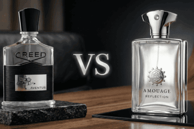 Creed Aventus fragrance bottle with black cap and label, showcasing a luxurious scent comparison.
