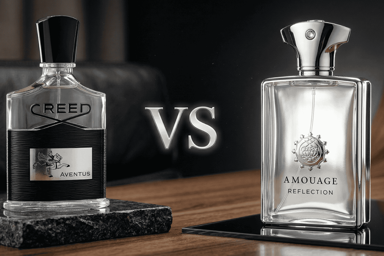 Creed Aventus fragrance bottle with black cap and label, showcasing a luxurious scent comparison.