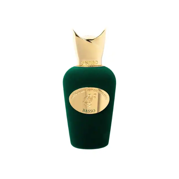 Elegant green perfume bottle with gold accents and a unique cap design.