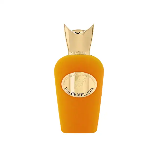 Elegant Dolce Melodia perfume bottle with gold cap and vibrant orange finish.