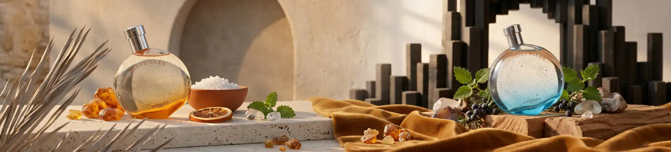 Elegant glass perfume bottles with natural herbs and stones, set on a rustic surface.