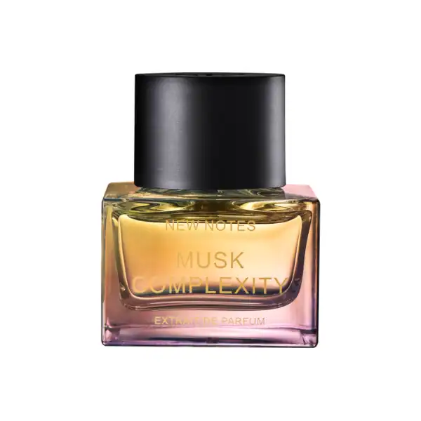 Elegant Musk Complexity perfume bottle with black cap and gradient pink-yellow glass.