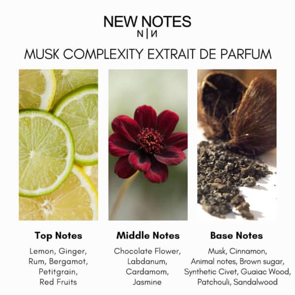 Lemon, ginger, chocolate flower, musk, cinnamon, and earthy notes in a perfume composition.